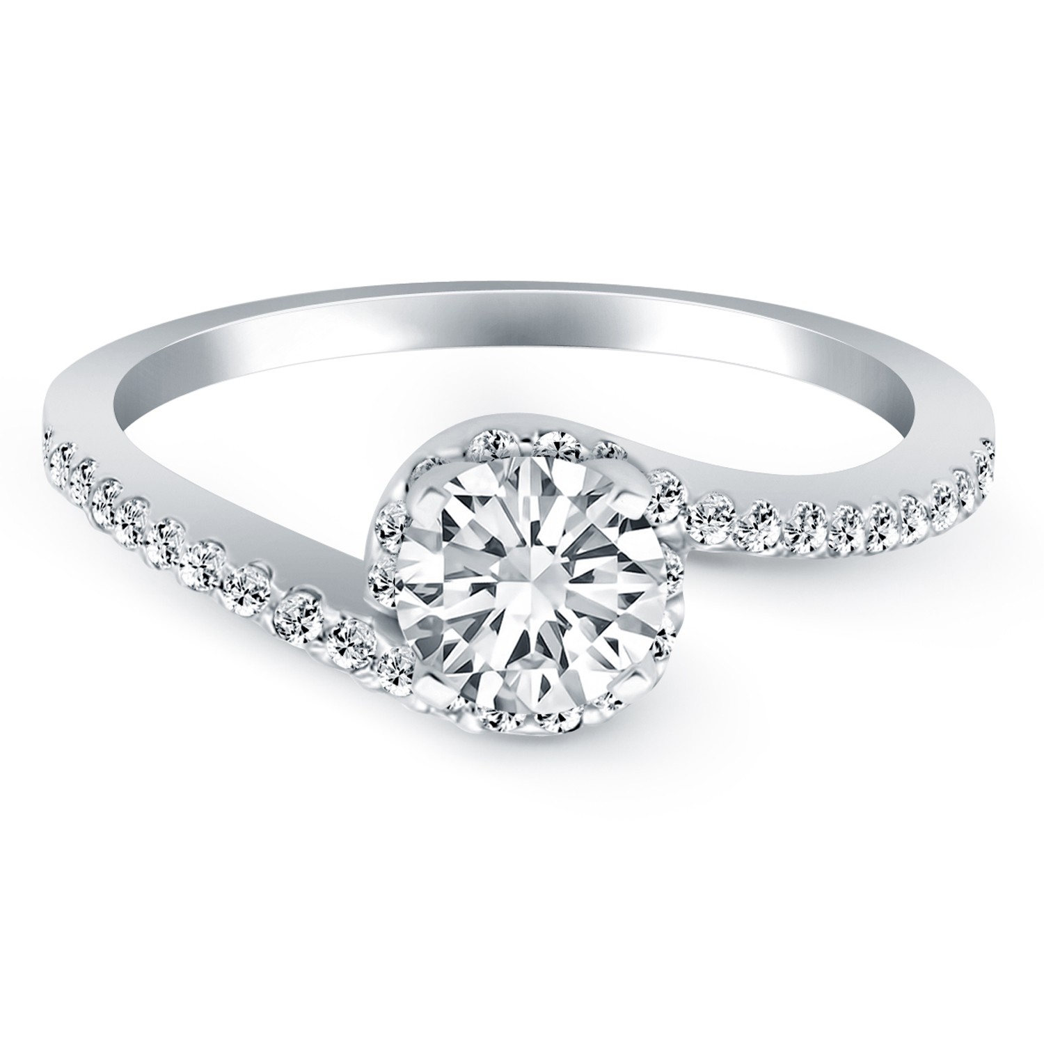 14k White Gold Bypass Swirl Diamond Halo Engagement Ring thumbnail 2