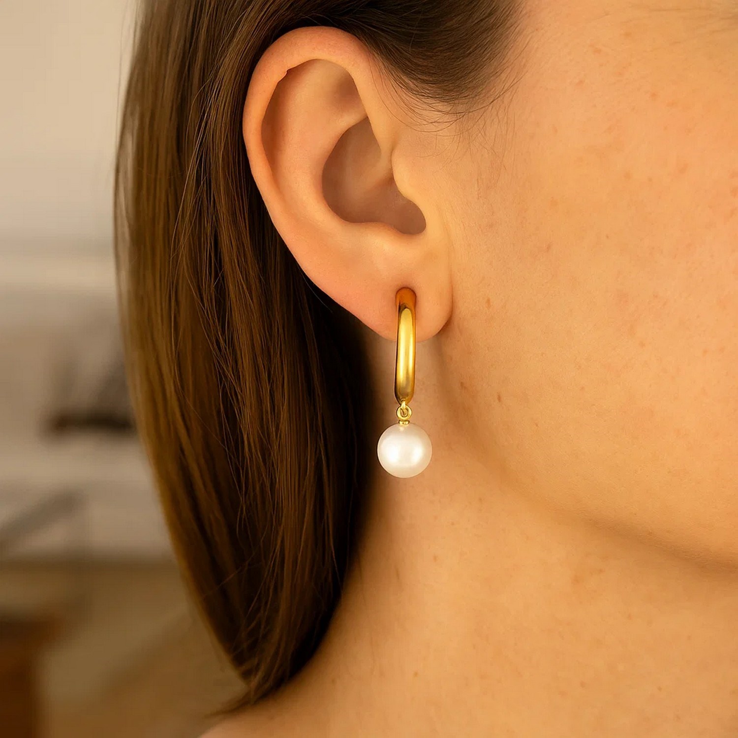 14k Yellow Gold Half Hoop Earrings with Pearls thumbnail 2