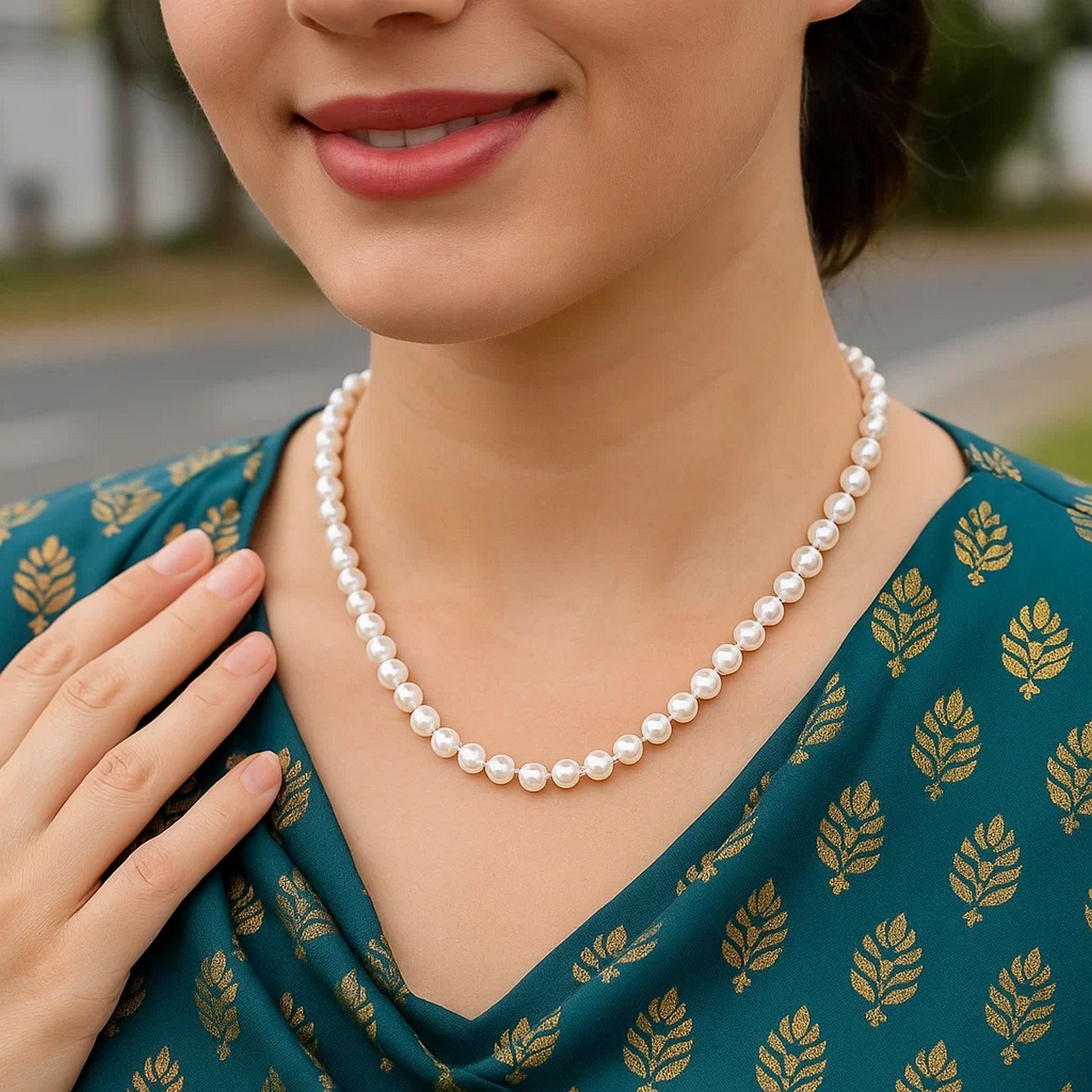 14k Yellow Gold Necklace with White Freshwater Cultured Pearls (6.0mm to 6.5mm) thumbnail 5