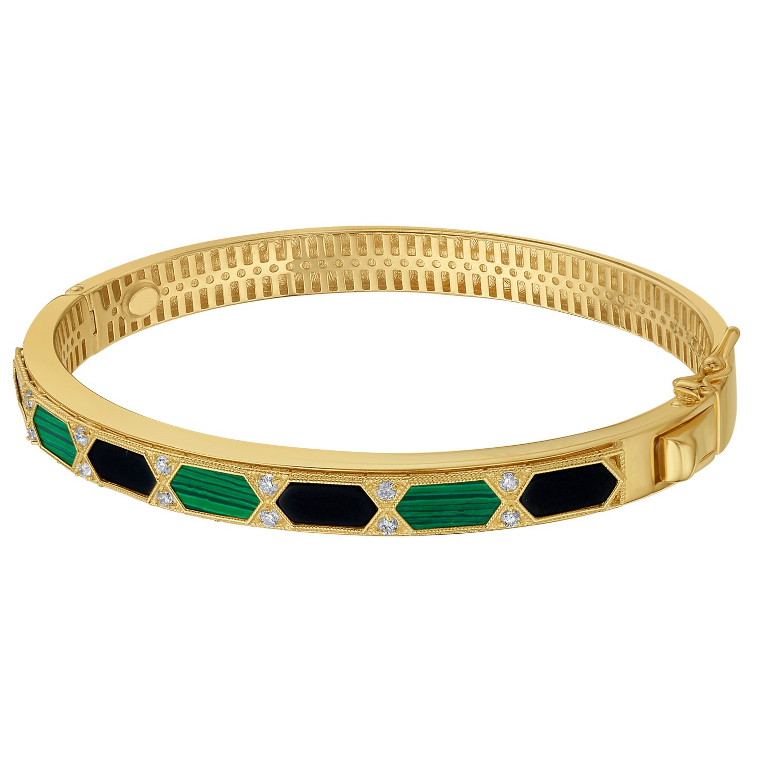 14K Yellow Gold Black And Green Art Deco Hexagon Bangle (6.00 mm) thumbnail 2