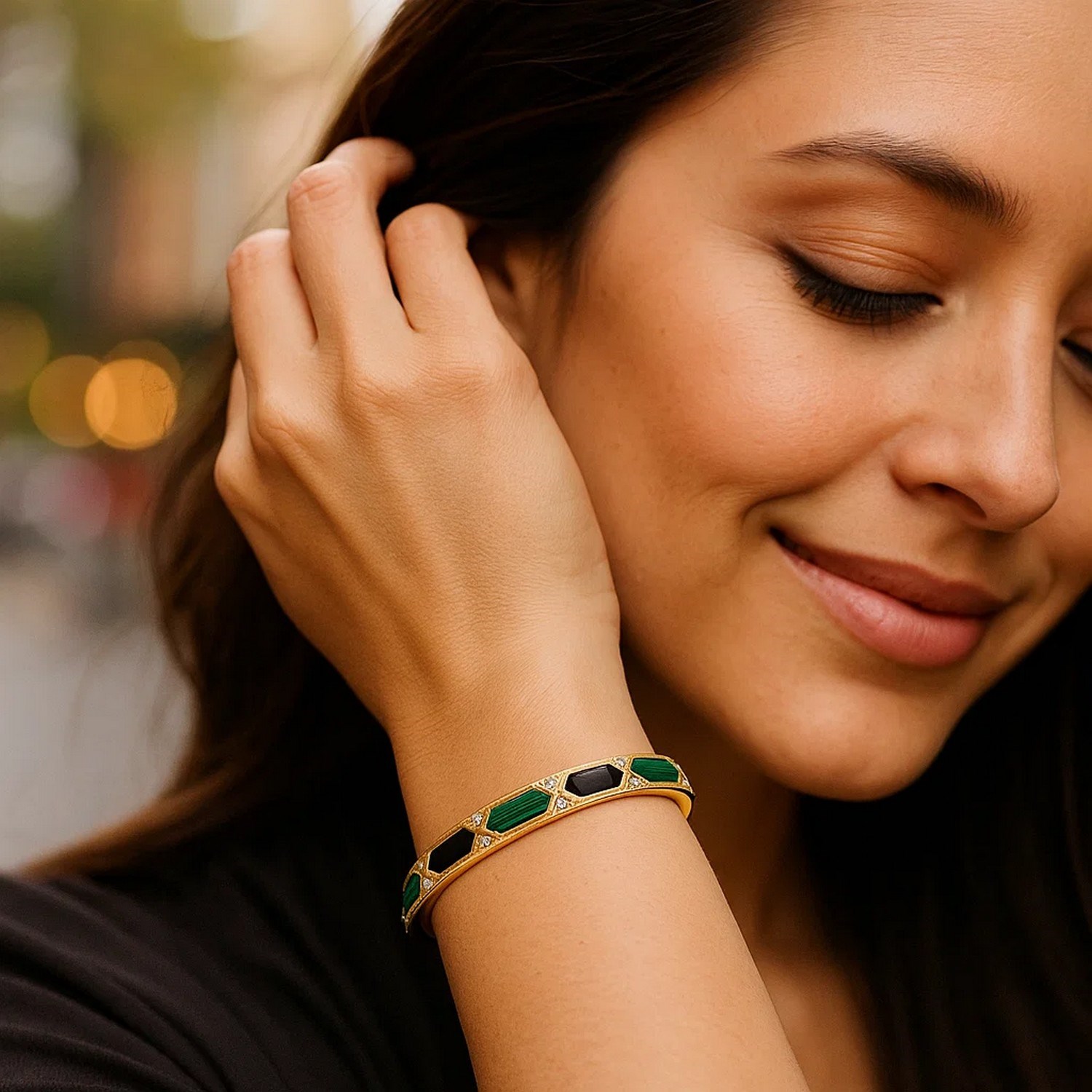 14K Yellow Gold Black And Green Art Deco Hexagon Bangle (6.00 mm) thumbnail 4