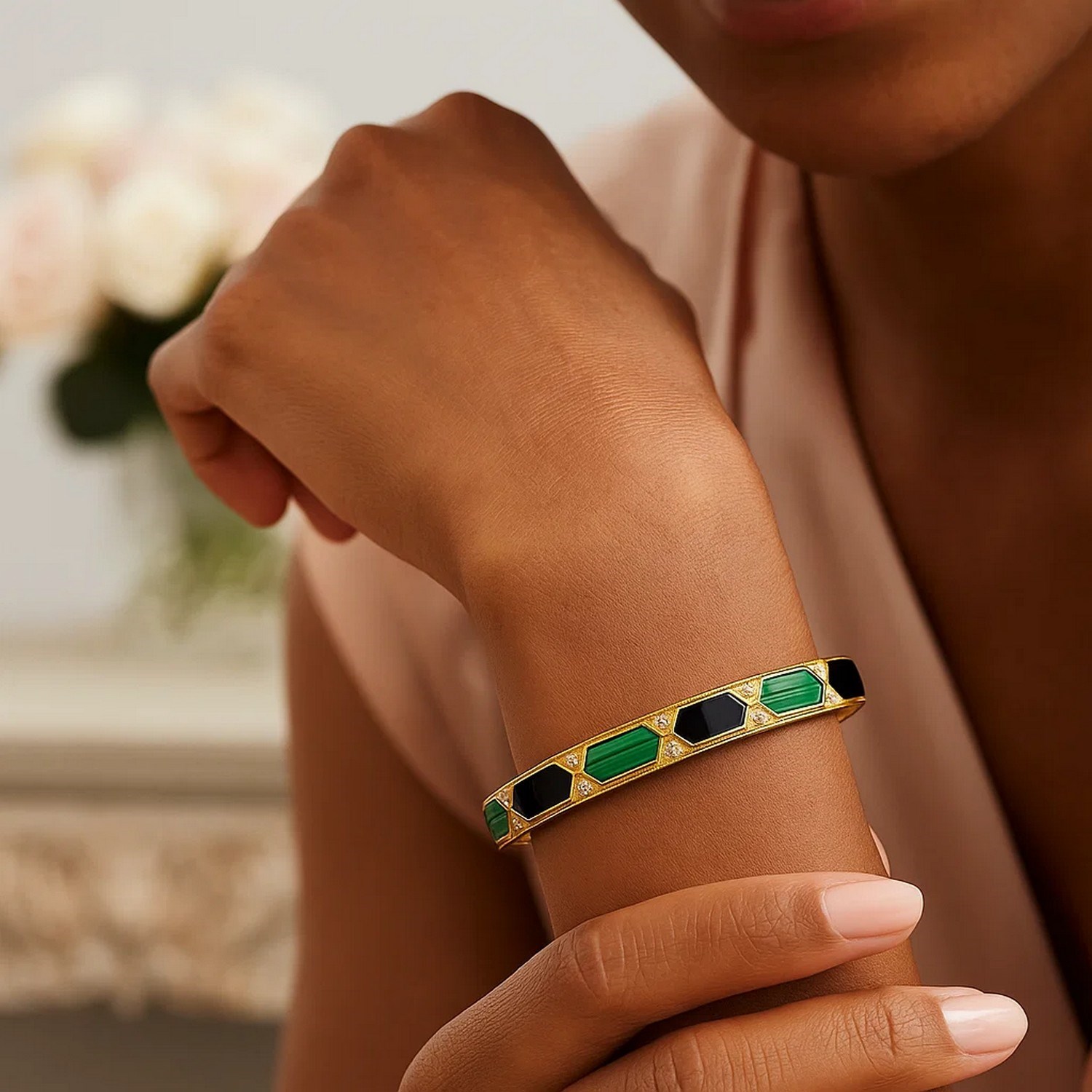 14K Yellow Gold Black And Green Art Deco Hexagon Bangle (6.00 mm) thumbnail 5