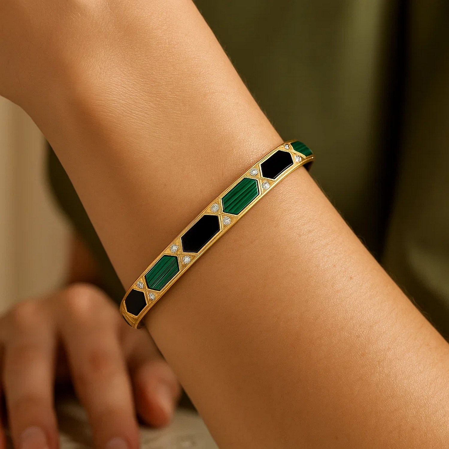 14K Yellow Gold Black And Green Art Deco Hexagon Bangle (6.00 mm) thumbnail 6