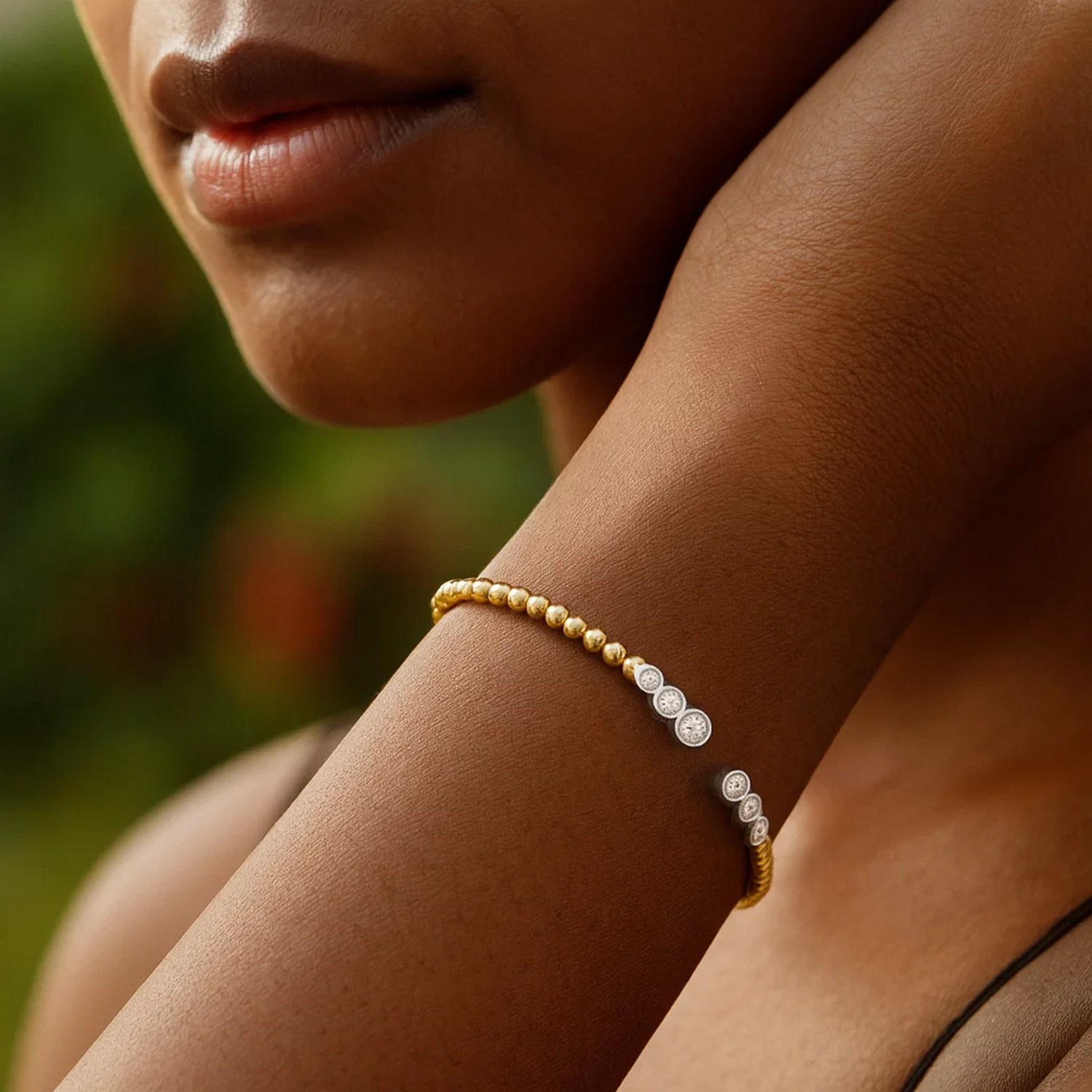 14K Two Tone Polish Diamond Pallina Open Beaded Cuff Bangle (3.00 mm) thumbnail 3