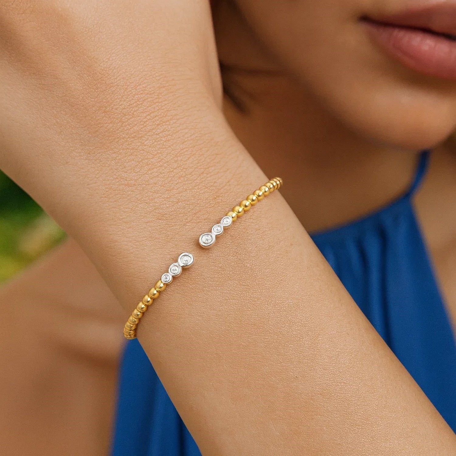 14K Two Tone Polish Diamond Pallina Open Beaded Cuff Bangle (3.00 mm) thumbnail 4