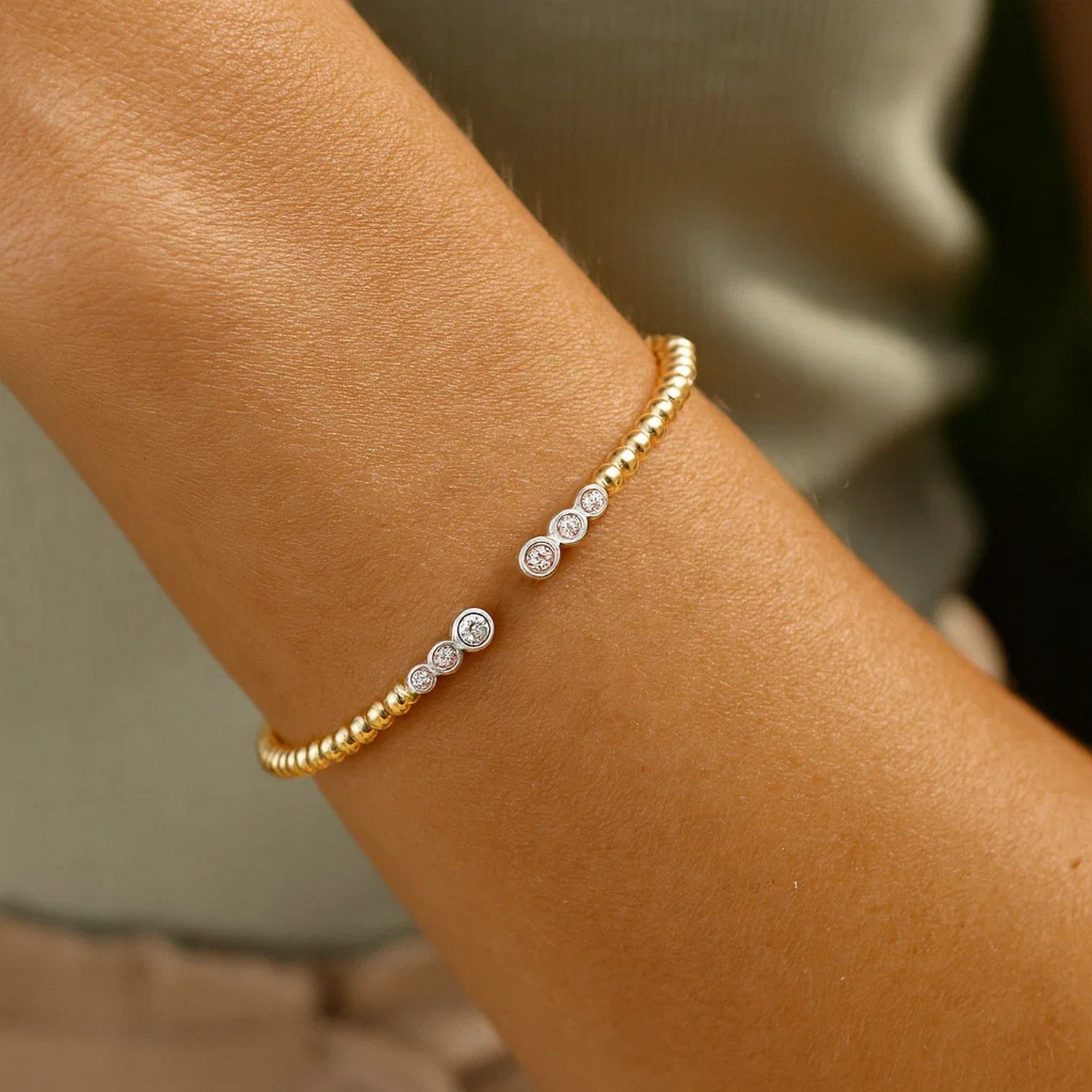 14K Two Tone Polish Diamond Pallina Open Beaded Cuff Bangle (3.00 mm) thumbnail 5