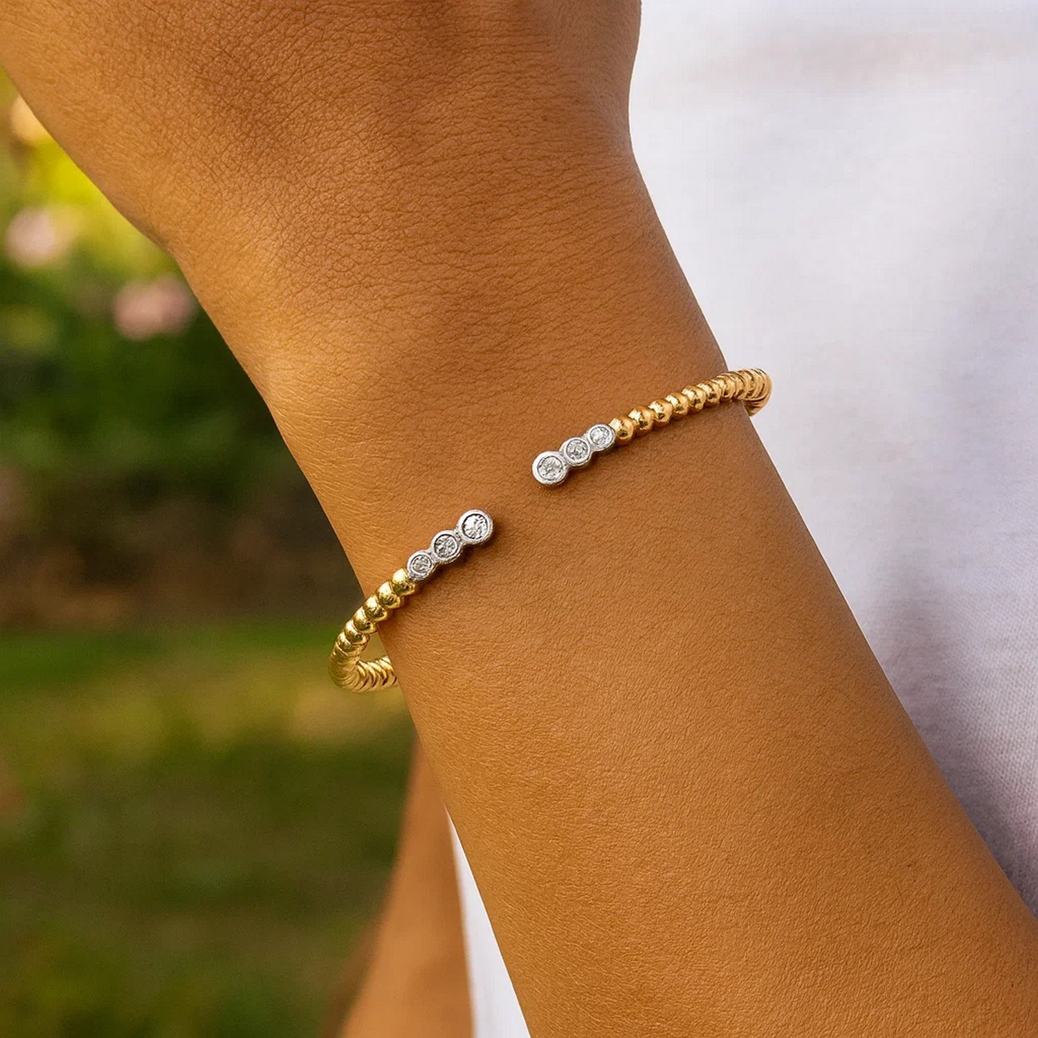14K Two Tone Polish Diamond Pallina Open Beaded Cuff Bangle (3.00 mm) thumbnail 6