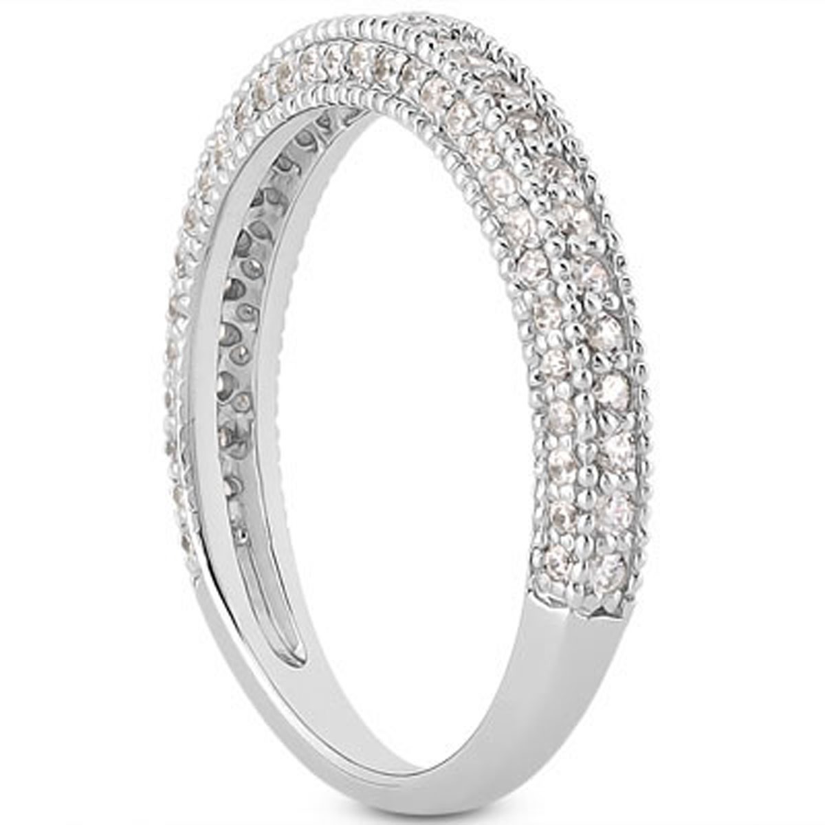 14k White Gold Fancy Pave Diamond Milgrain Textured Wedding Ring Band thumbnail 2