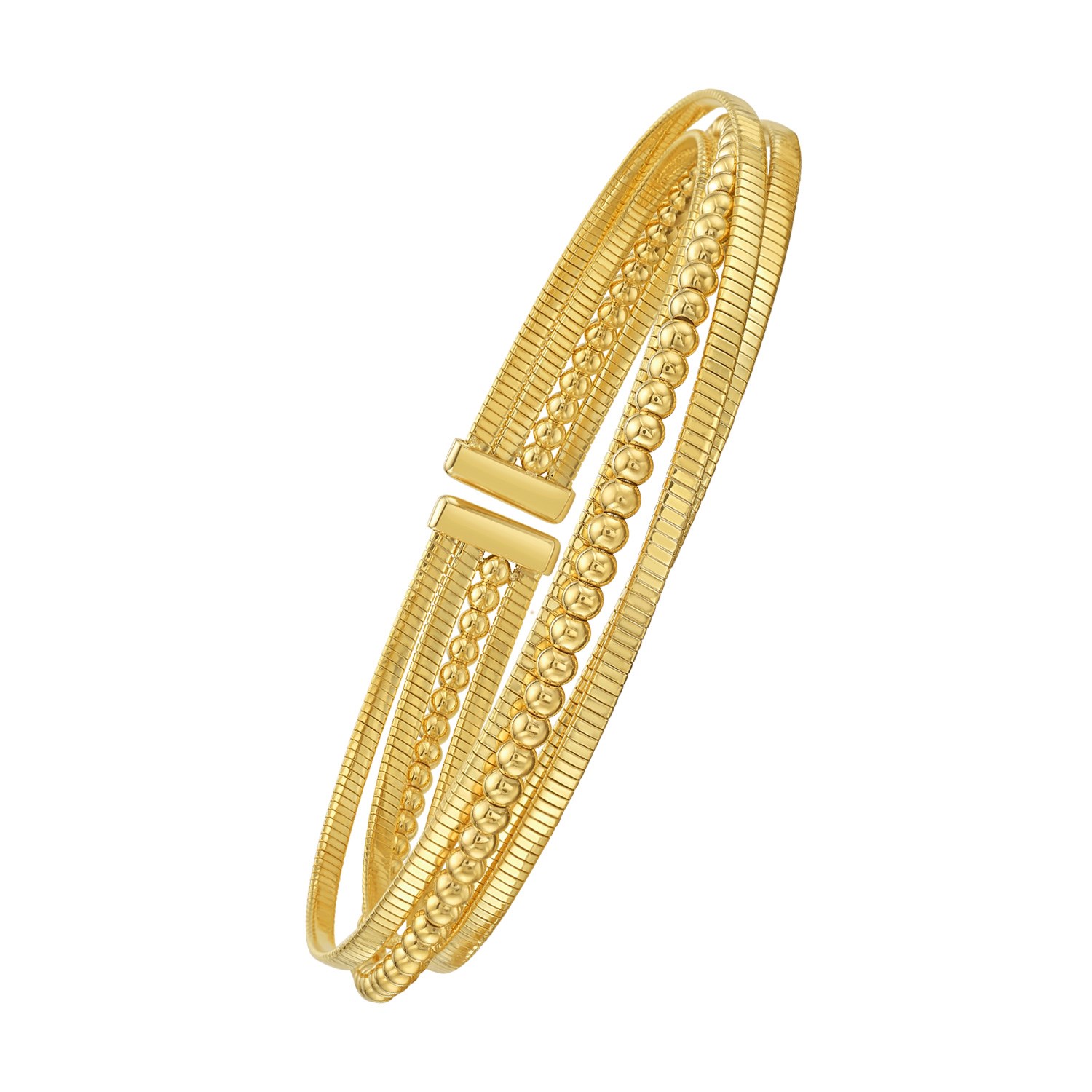 14K Yellow Gold Polished Omega And Beaded Layered Cuff (7.80 mm) thumbnail 2