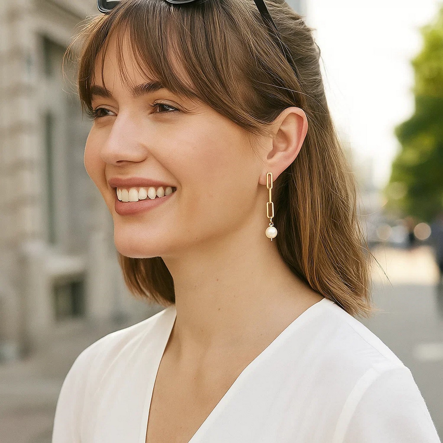 14k Yellow Gold Paperclip Chain Link Earrings with Pearls thumbnail 3