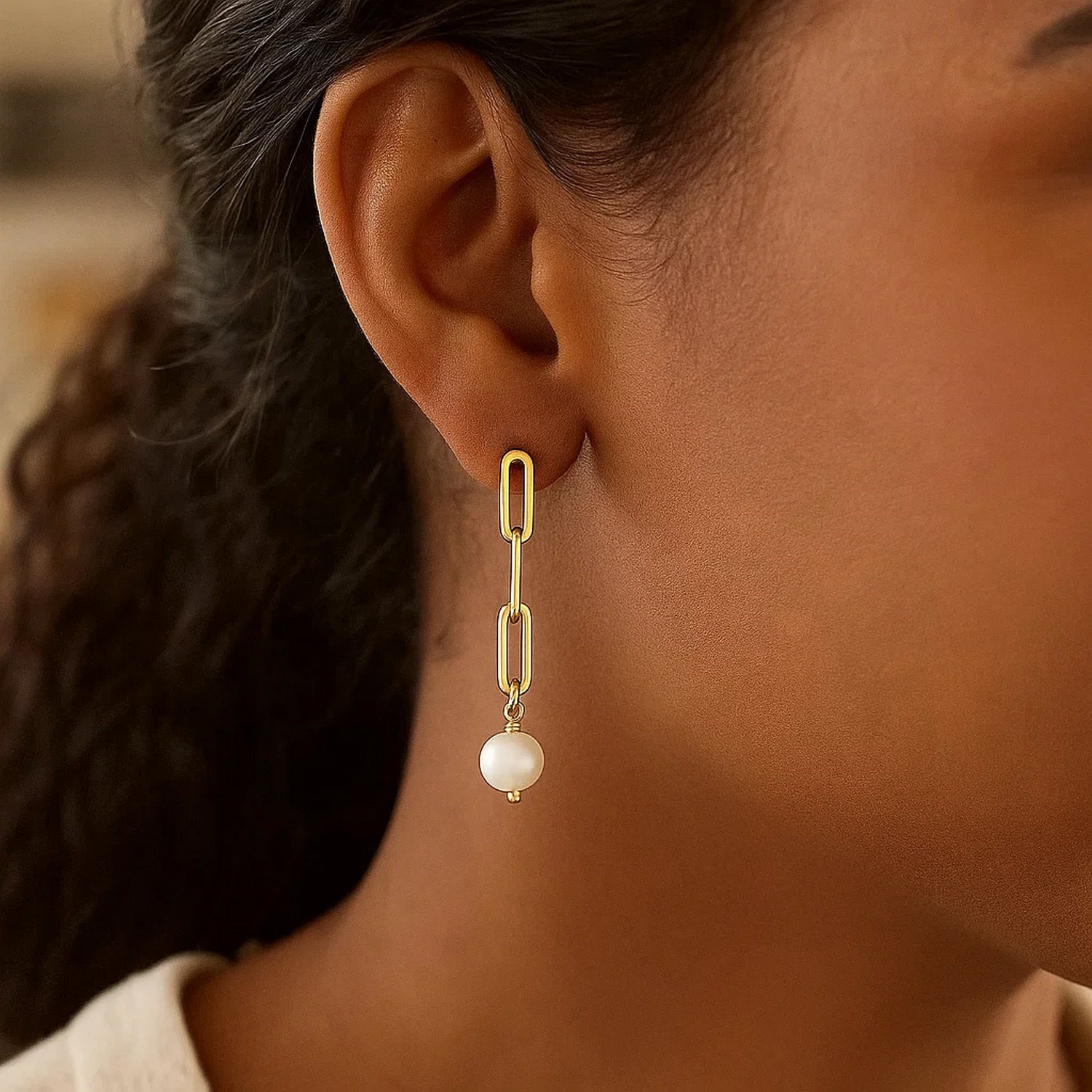 14k Yellow Gold Paperclip Chain Link Earrings with Pearls thumbnail 4