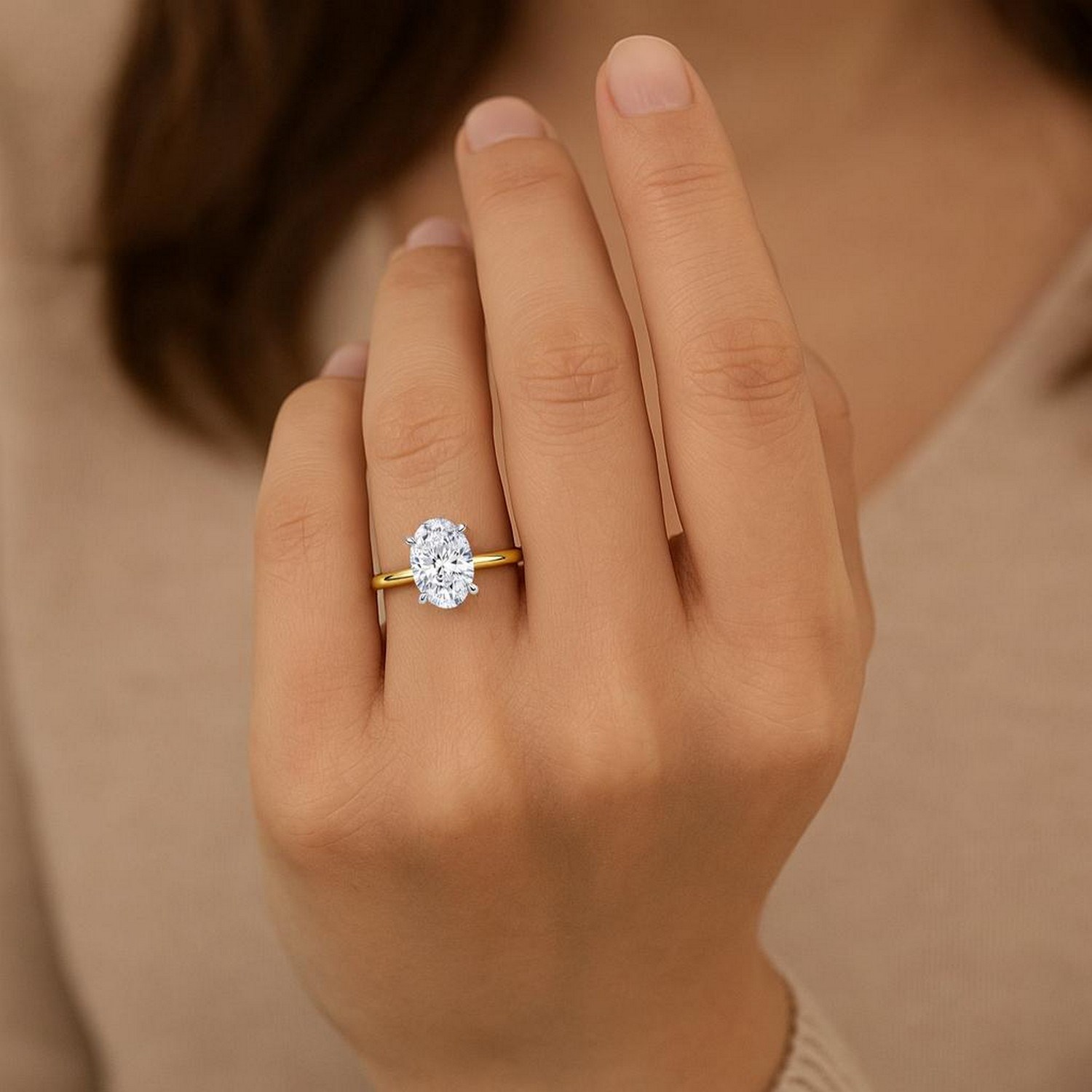 3 Carat Oval Lab Grown IGI G/VS1 Diamond Solitaire Ring in 14K Yellow Gold thumbnail 6