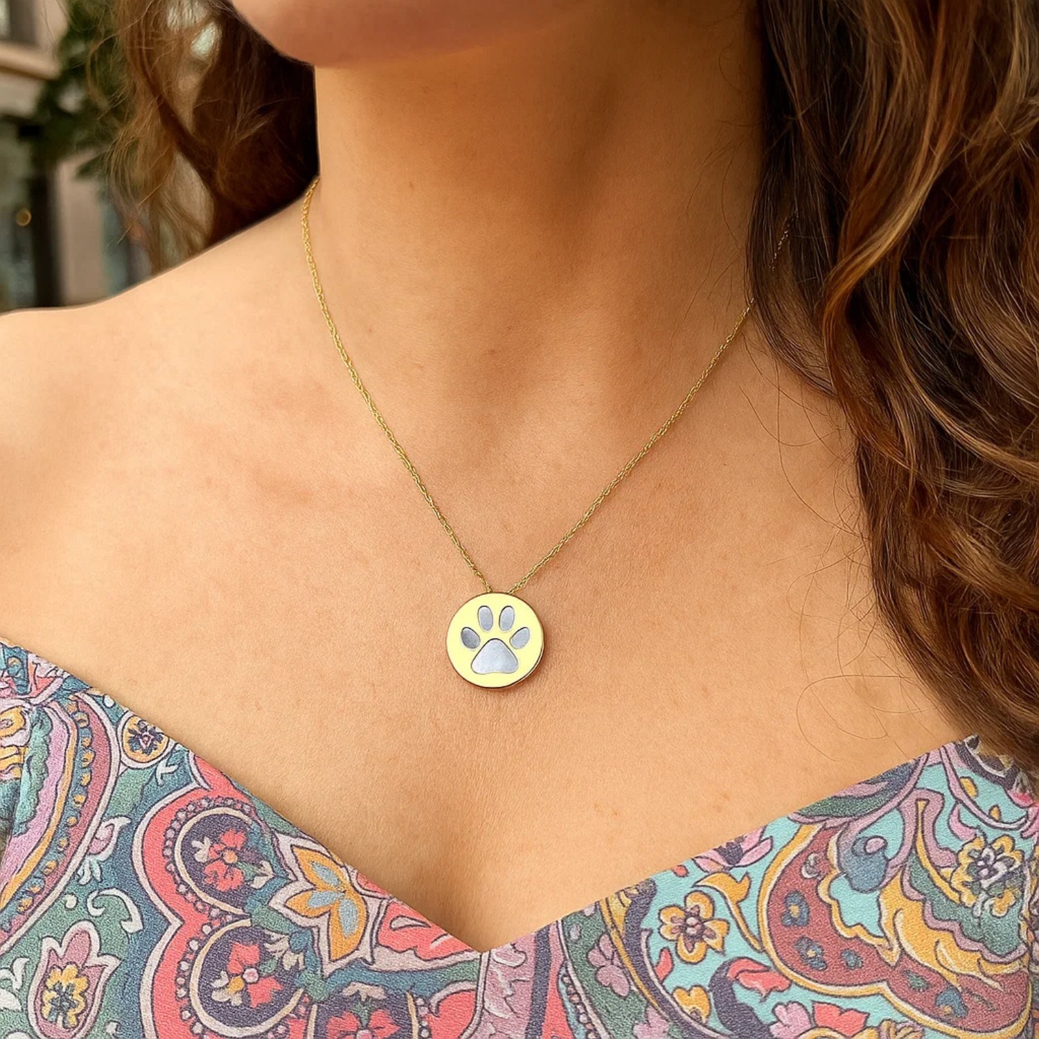 14k Yellow Gold Necklace with Dog Paw Print Symbol in Mother of Pearl thumbnail 5
