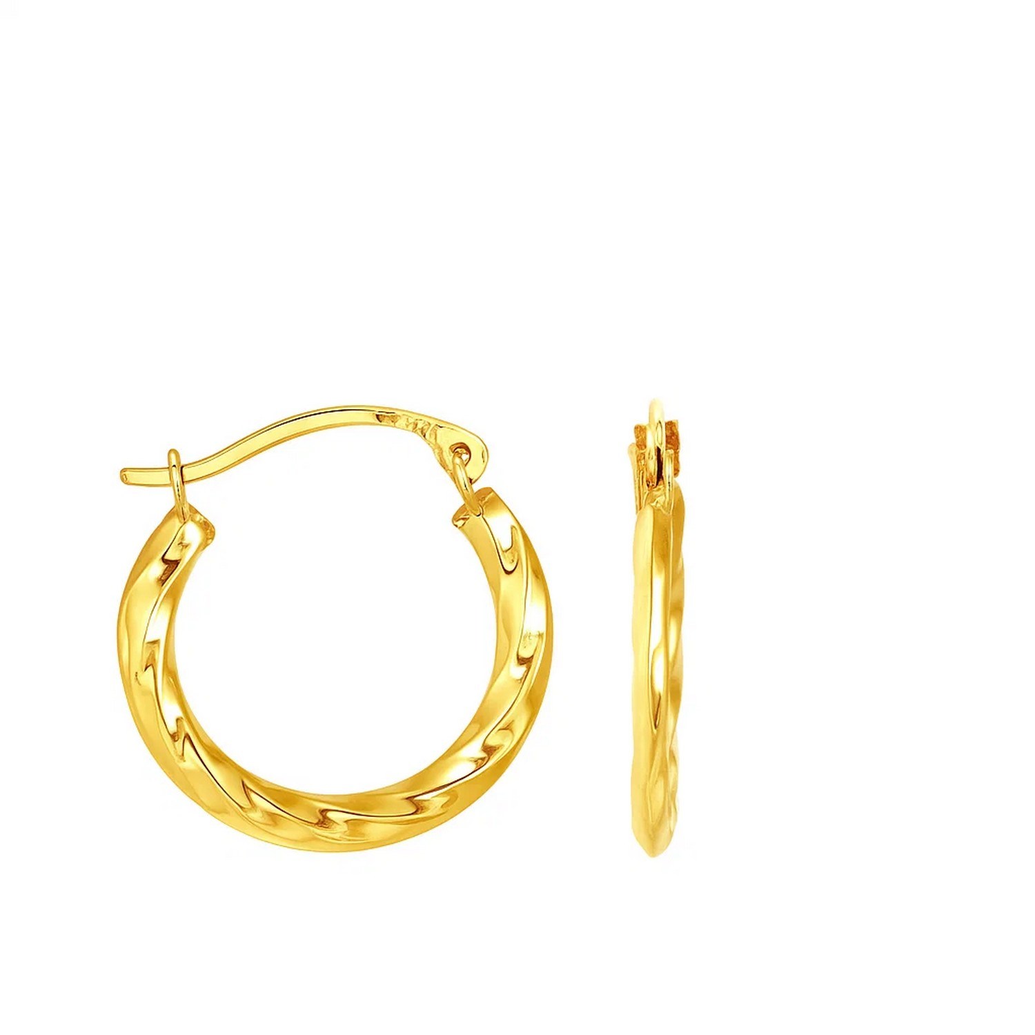 10k Yellow Gold Hoop Earrings in Textured Polished Style thumbnail 2