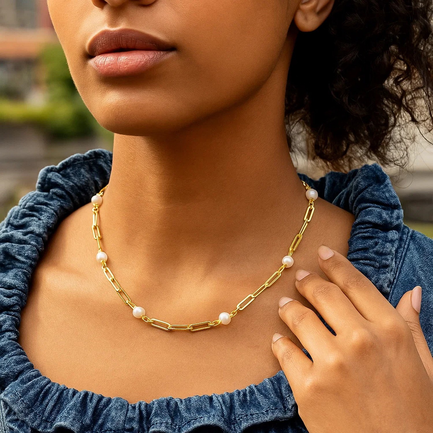 14k Yellow Gold Paperclip Chain and Pearl Necklace thumbnail 3