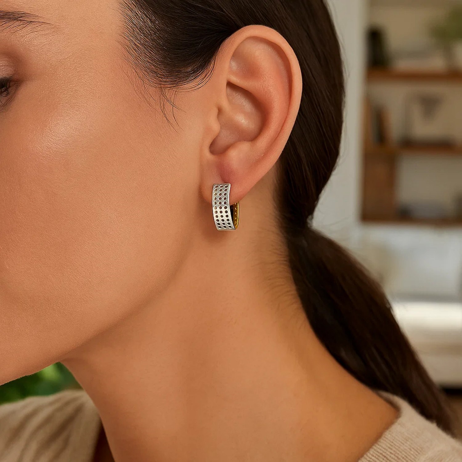 14k Two-Tone Gold Snuggable Earrings with a Mesh Style thumbnail 3