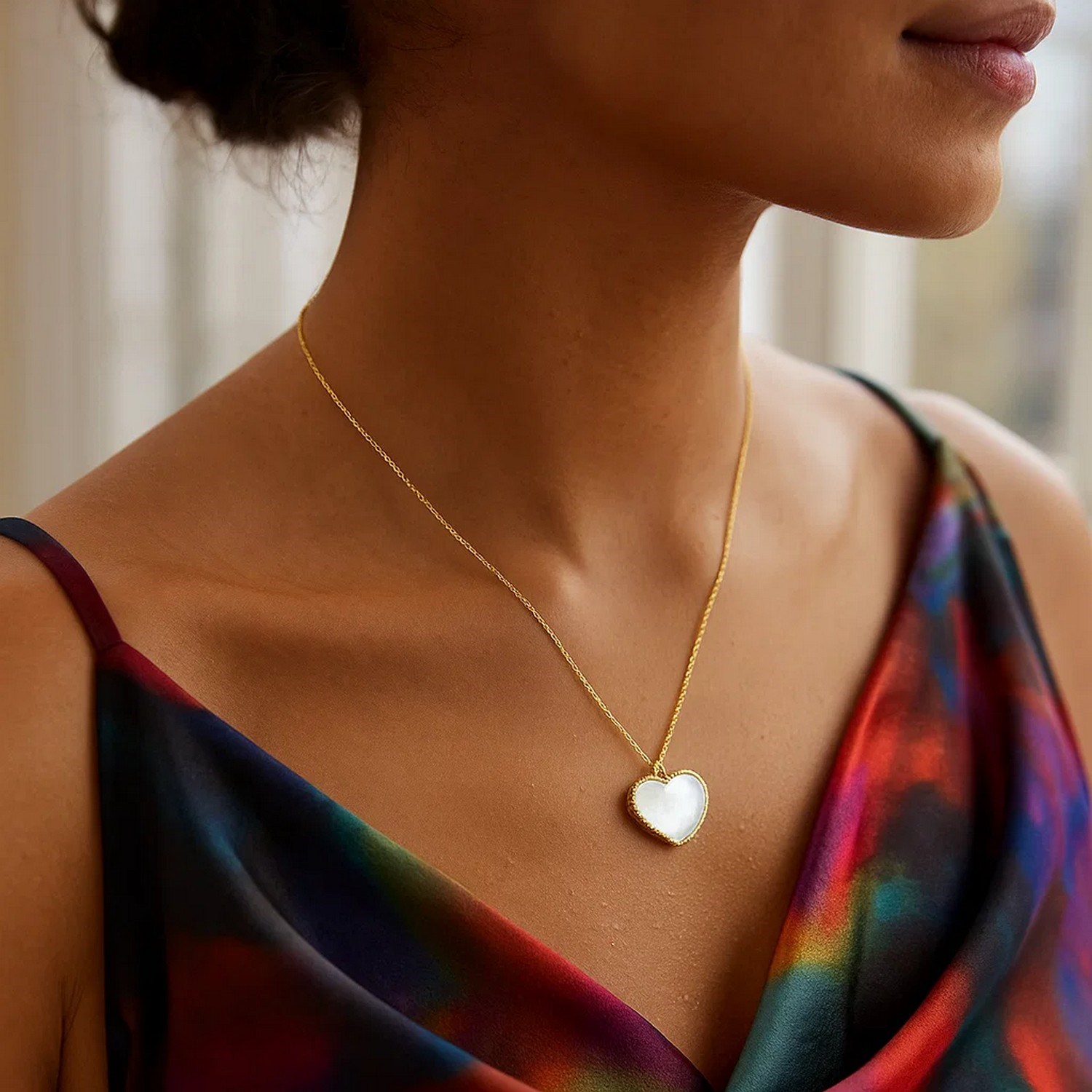 14k Yellow Gold High Polish Heart Pearl Paste Necklace thumbnail 3