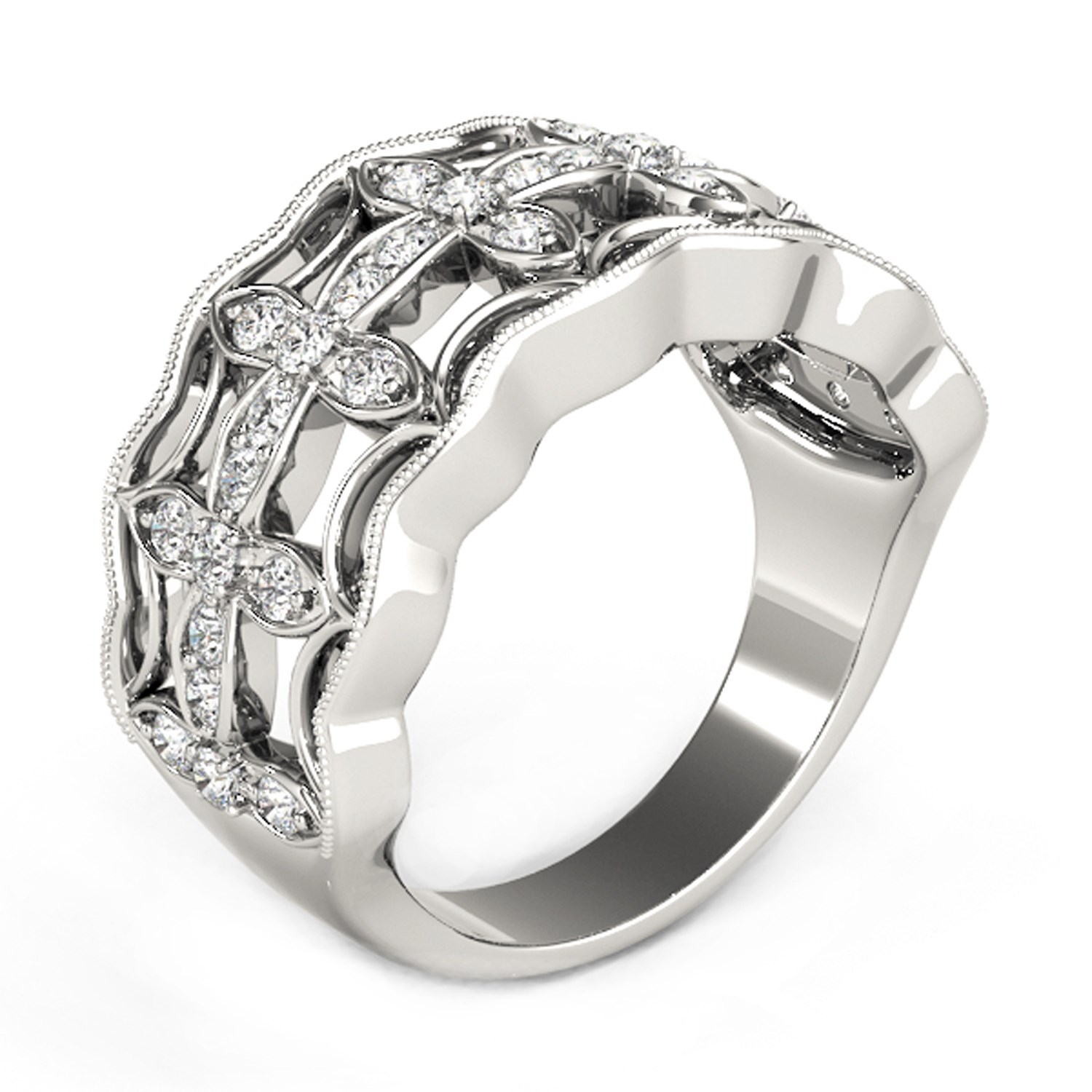 Diamond Studded Four Leaf Clover Motif Ring in 14k White Gold (1/4 cttw) thumbnail 4