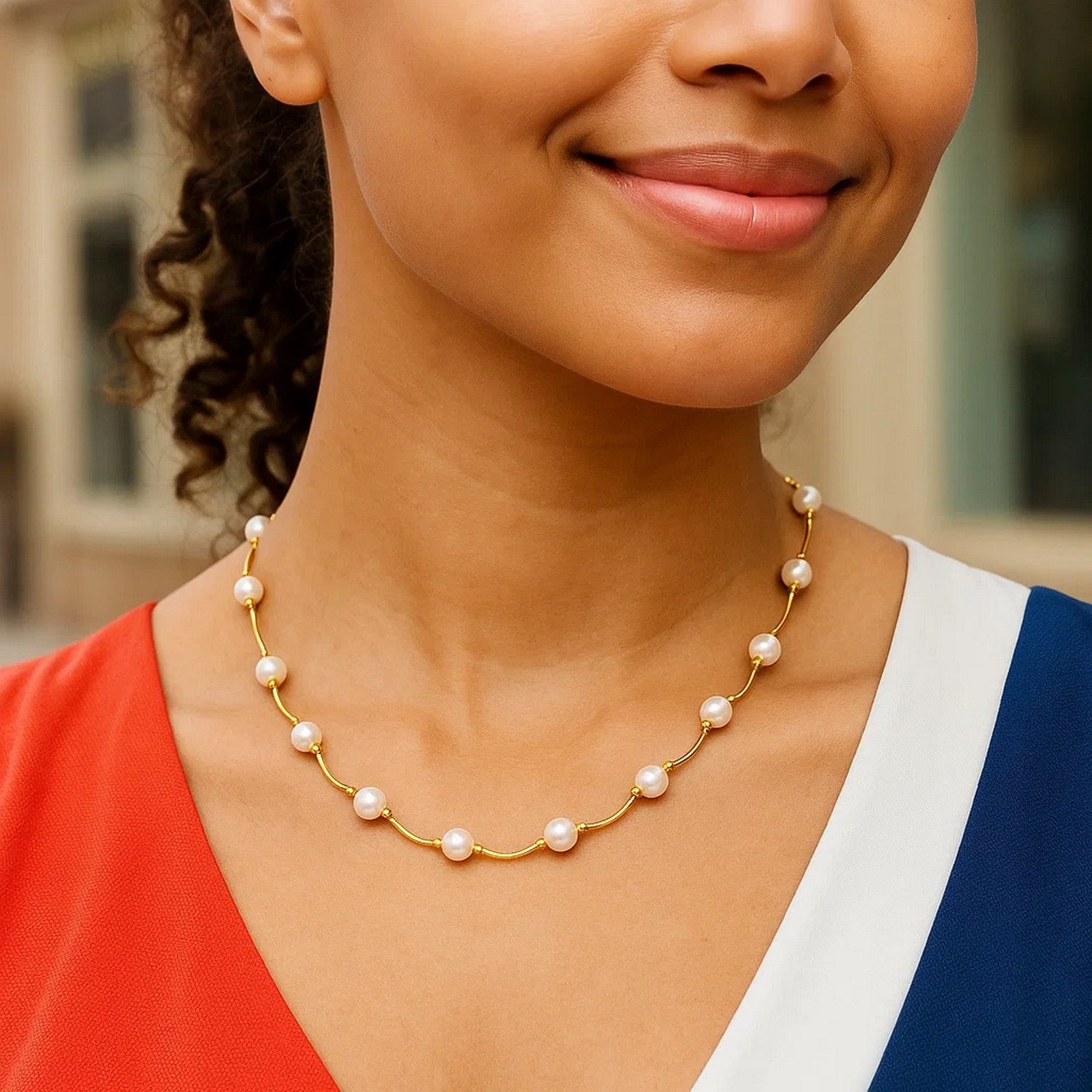 14k Yellow Gold Arc Link Necklace with White Pearls thumbnail 3