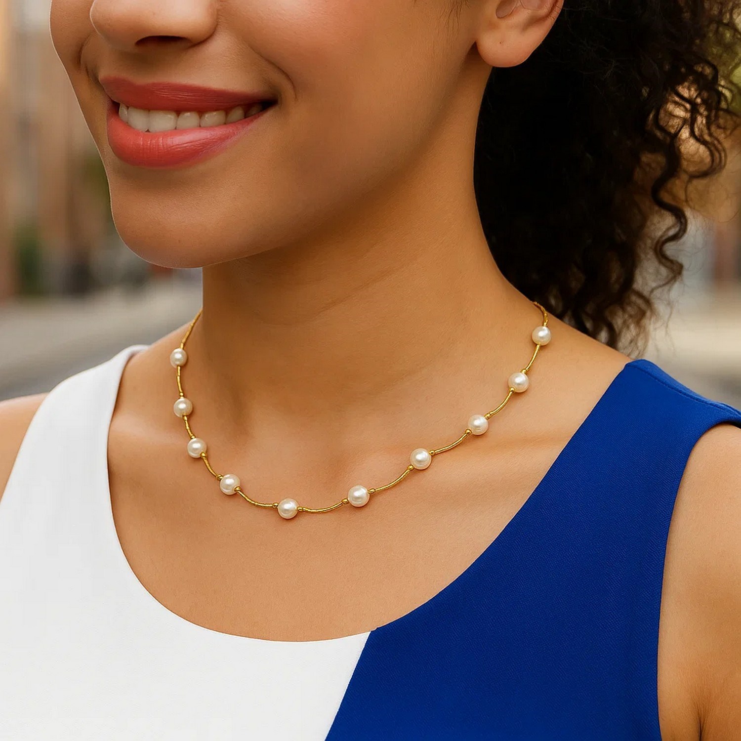 14k Yellow Gold Arc Link Necklace with White Pearls thumbnail 4