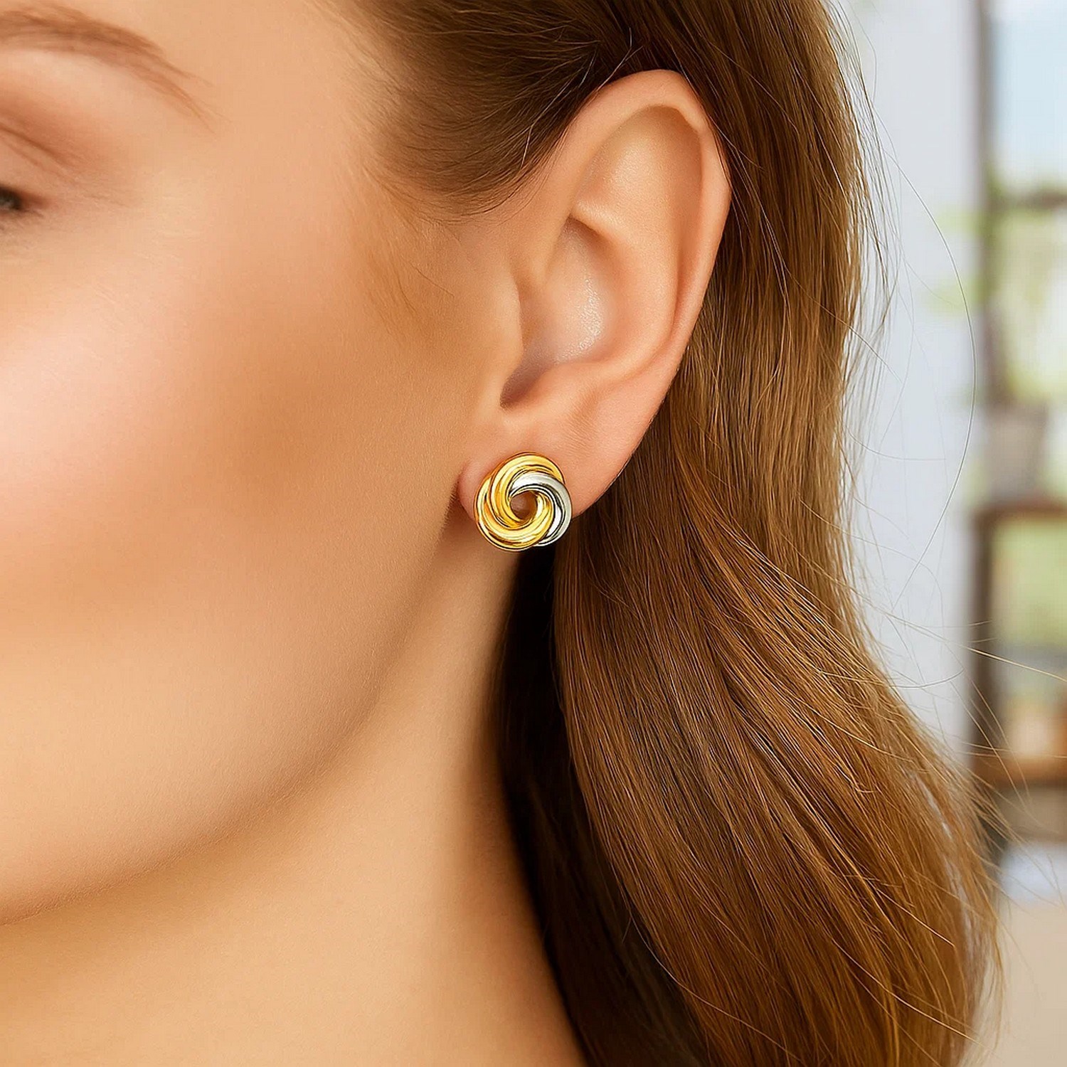 14k Two-Tone Gold Shiny Intertwined Open Circle Earrings thumbnail 2