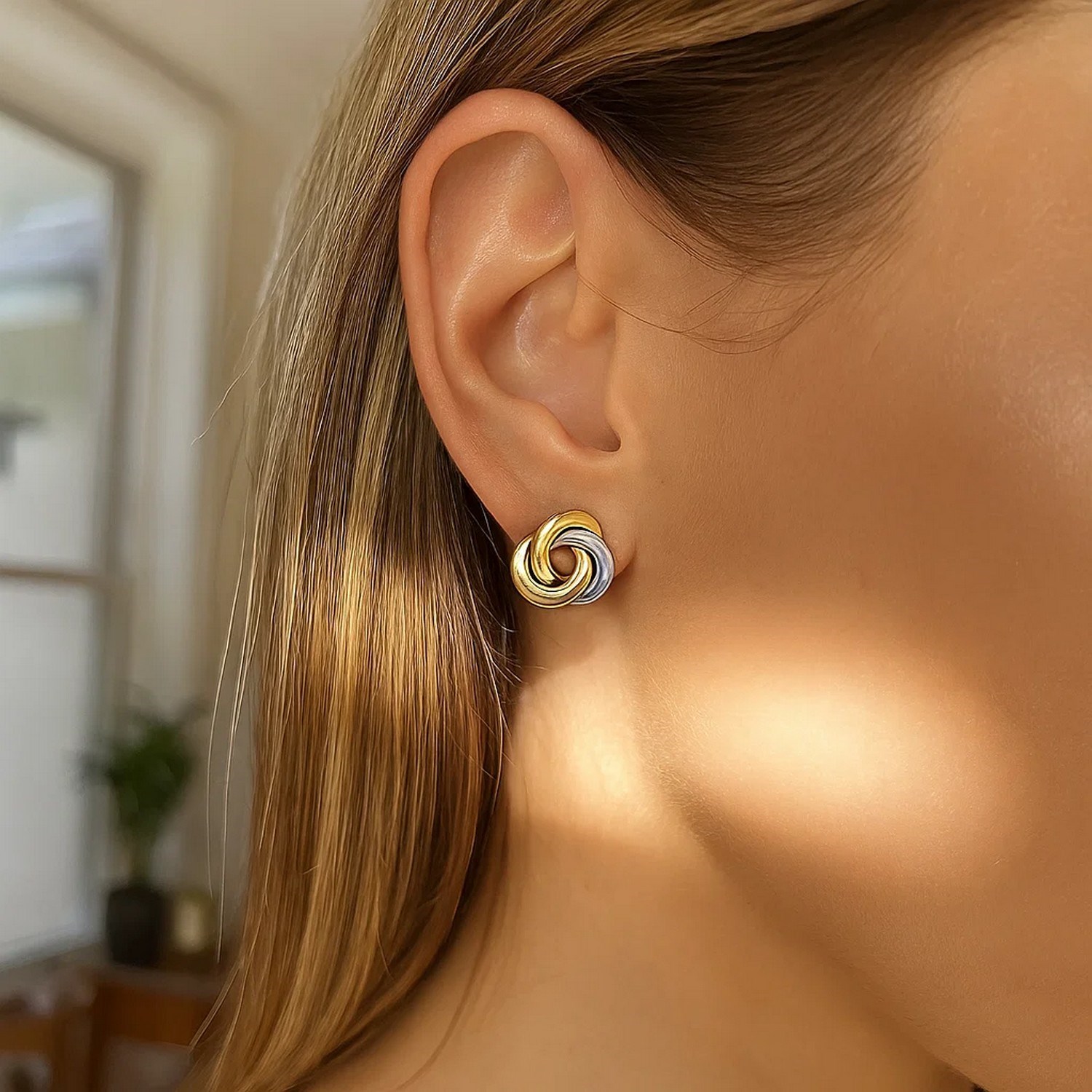 14k Two-Tone Gold Shiny Intertwined Open Circle Earrings thumbnail 3