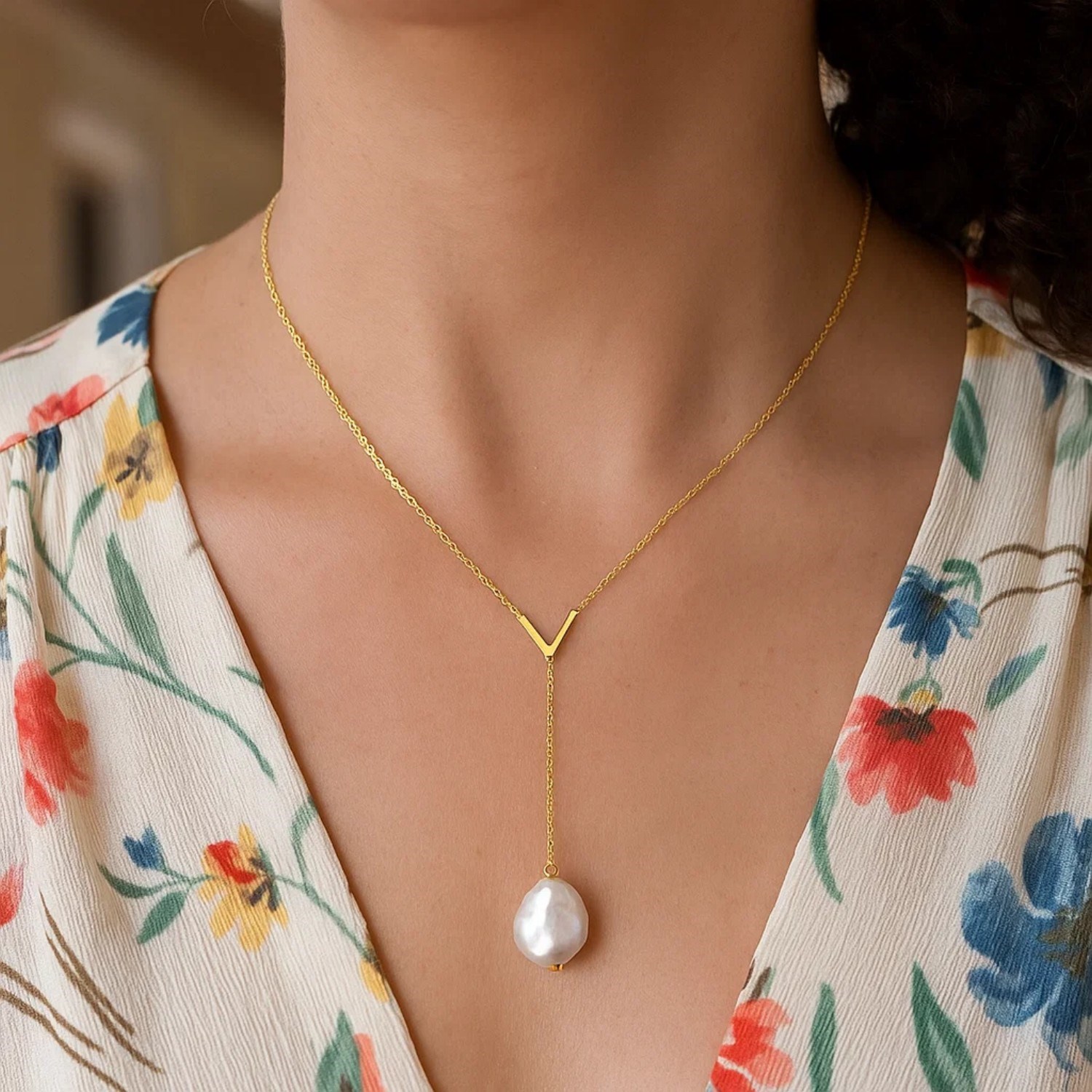 14k Yellow Gold Tesoro Pearl Lariat Necklace thumbnail 6