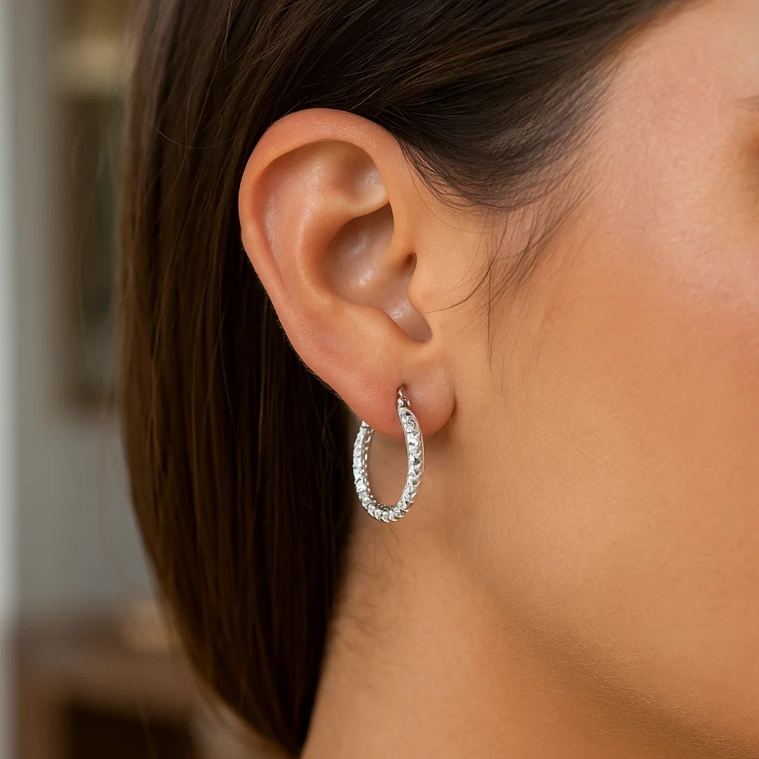 Sterling Silver Faceted Style Hoop Earrings with Rhodium Finishing(3x20mm) thumbnail 2